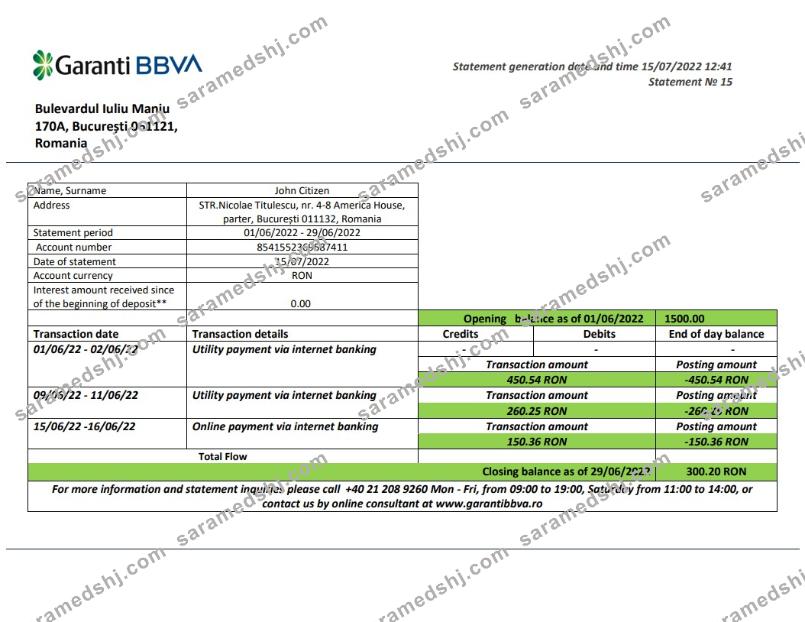 Romania Garanti BBVA bank statement